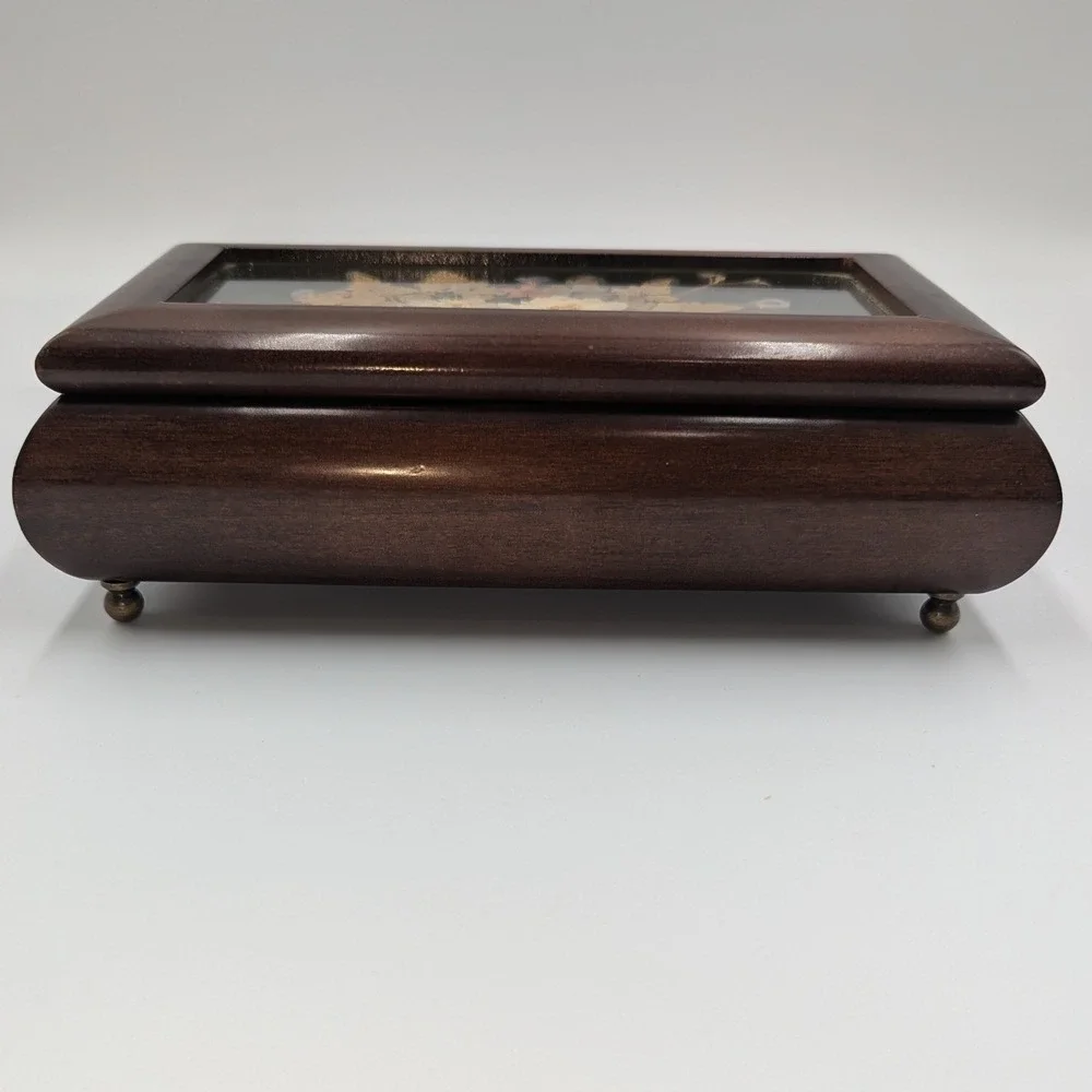 Vintage Wood Music Jewelry Box Brown Dried Flower Glass Inset Brass Feet Works